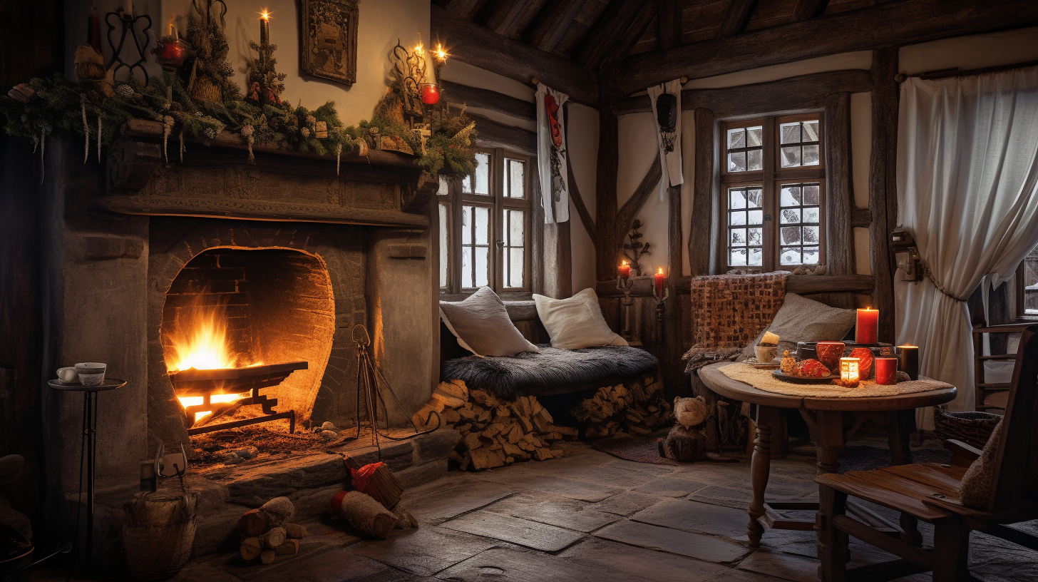 Interior of cozy medieval cottage at Christmas