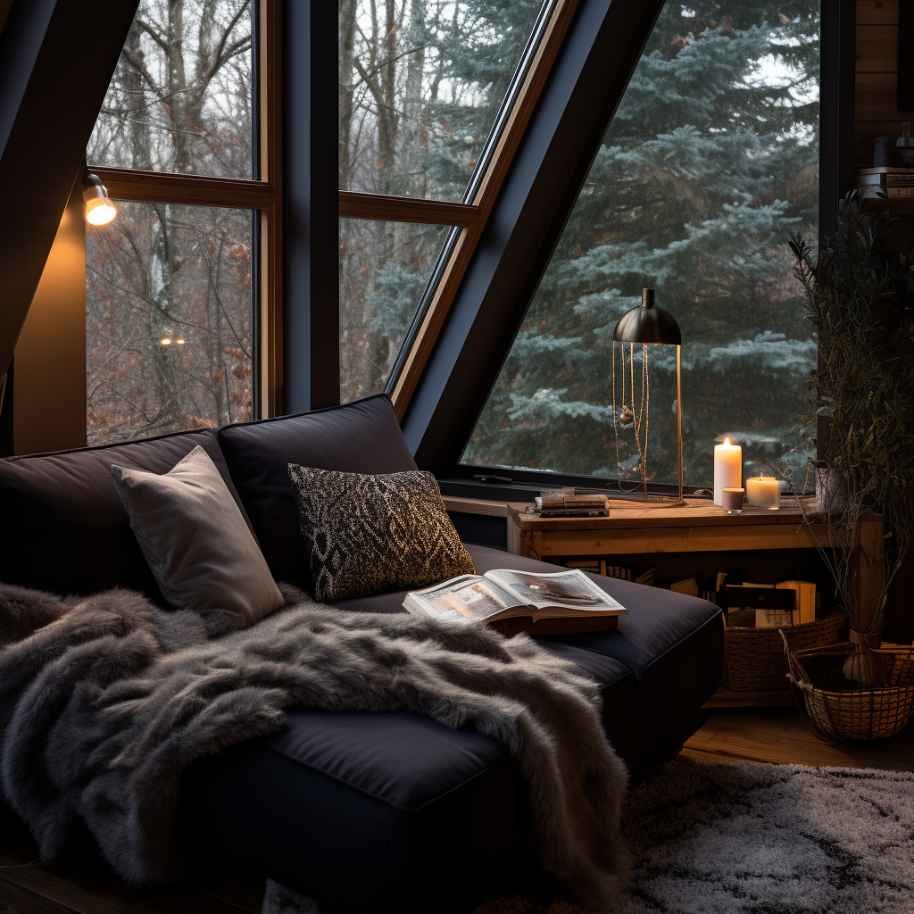 Cozy Scandinavian reading room with winter elements