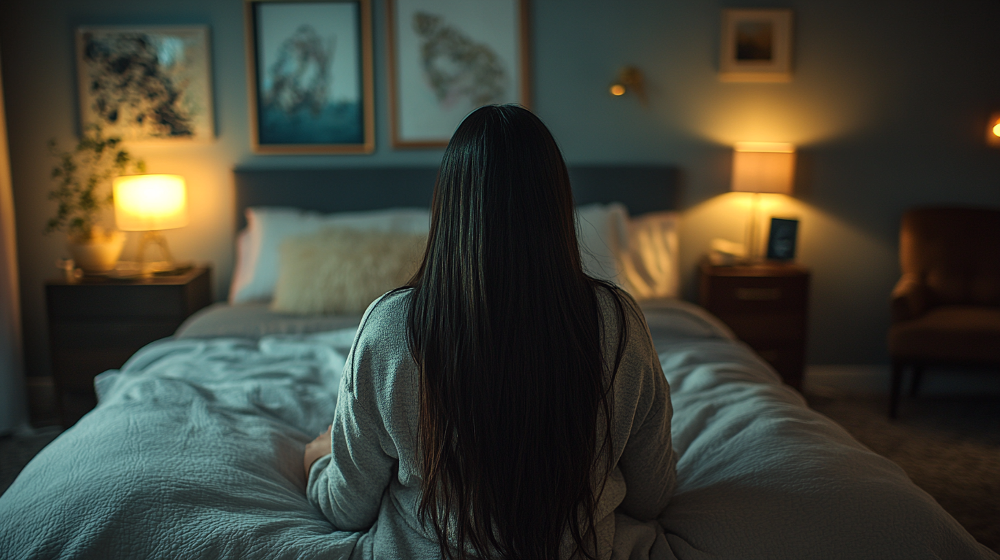 Hispanic woman in cozy bedroom