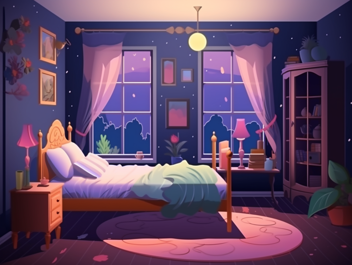 Illustration of a cozy girl bedroom at night