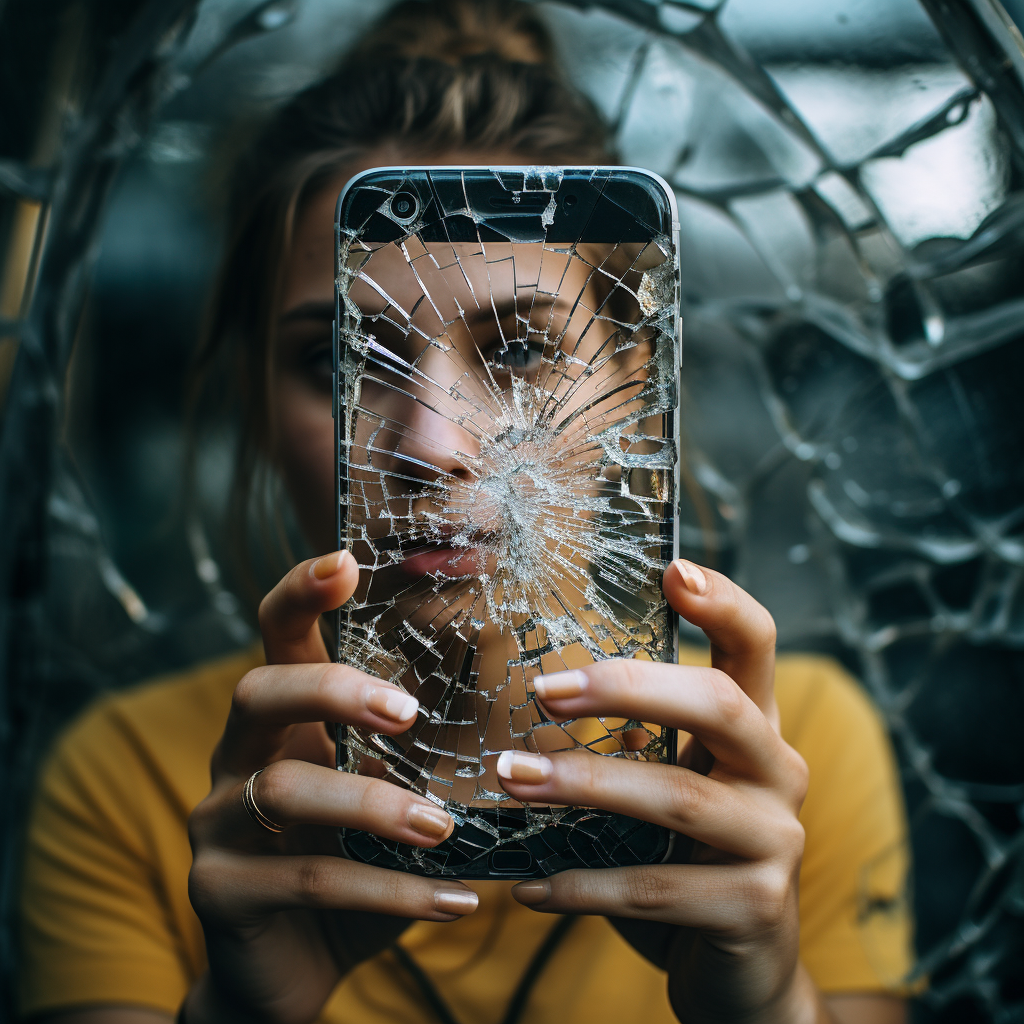 Woman taking selfie with cracked phone