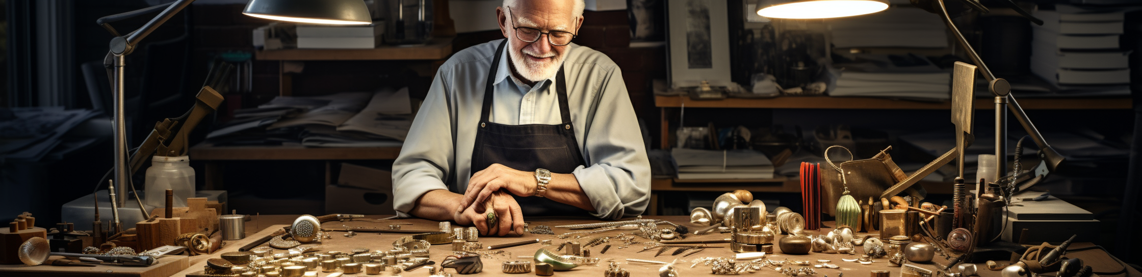 Smiley jeweller in cluttered workshop with cool equipment