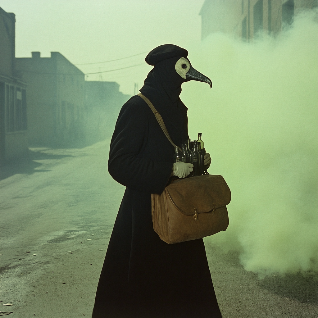 Plague doctor walking in eerie town