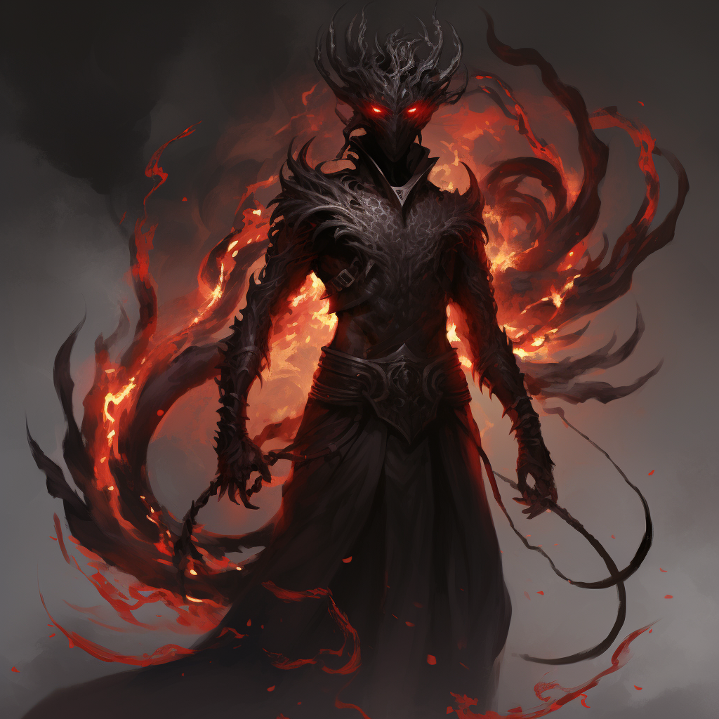 Crimson male devil with shadow-infused fabrics and black fire  ??