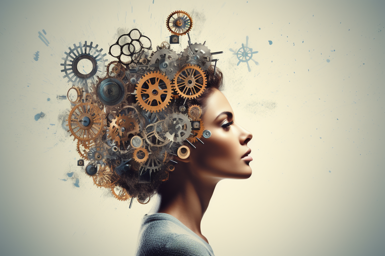 Woman deeply thinking with gears and arrows