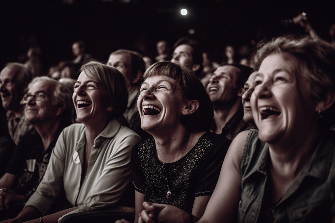 Smiling laughing crowd watching show at night