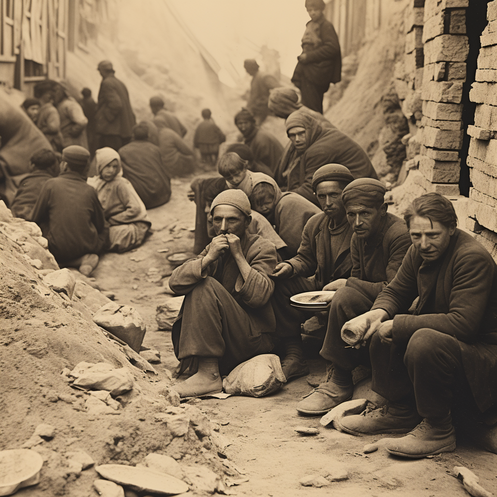 People eating bread in crowded conditions