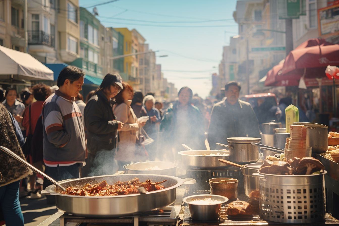 Diverse crowd enjoying street market delicacies