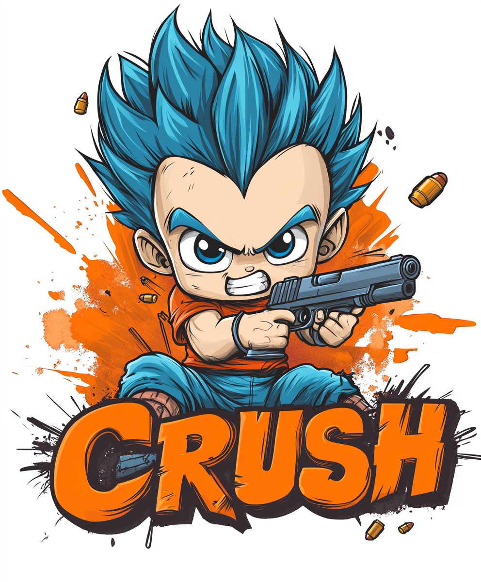 Baby holding gun with Crush logo