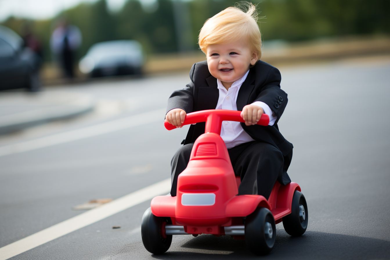 Crying Trump driving Little Tikes Cozy Coupe