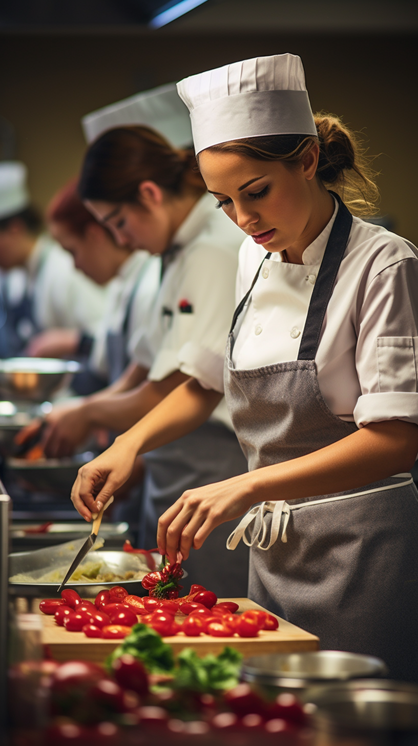 Young culinary students practicing cooking techniques