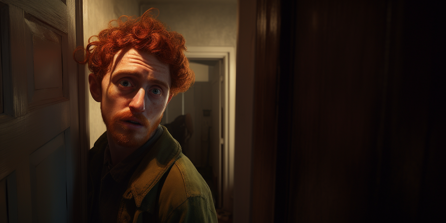 Man with Curly Ginger Hair in Hallway