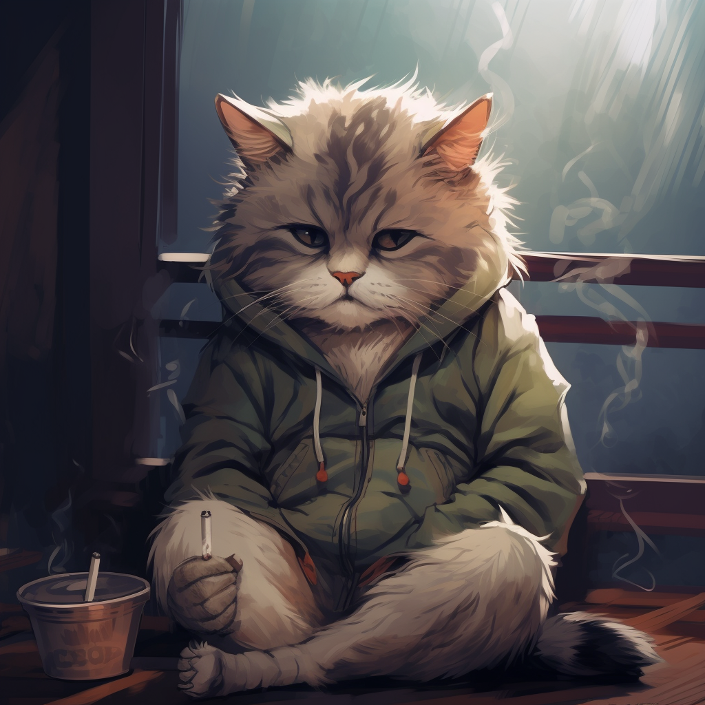 Depressed anime cat smoking cigarette