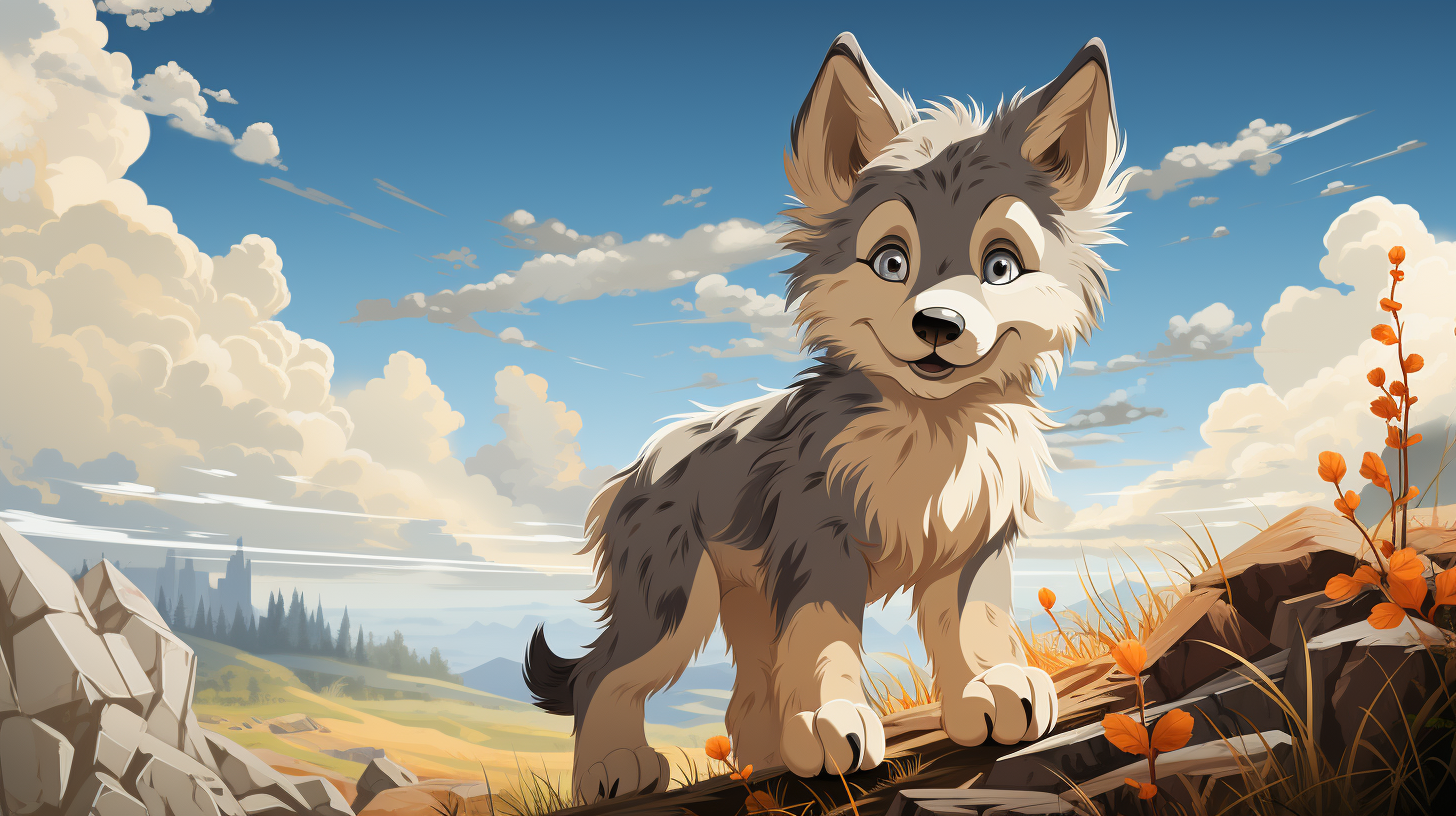 Cute baby cartoon gray wolf playing on a mountain