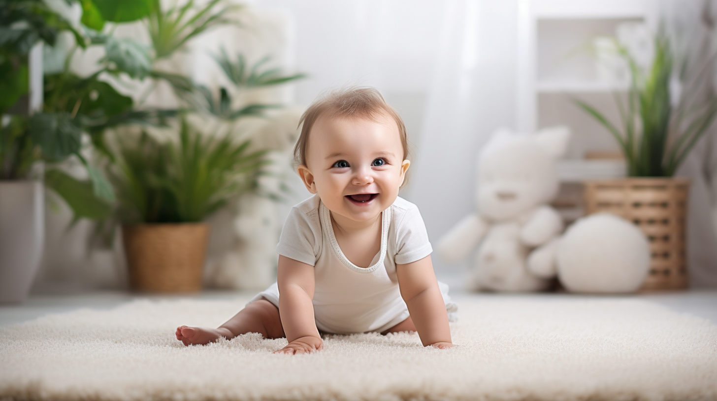 Happy baby crawling on cream carpet