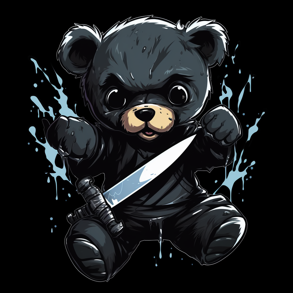 Illustration of tired, excited bear holding knife