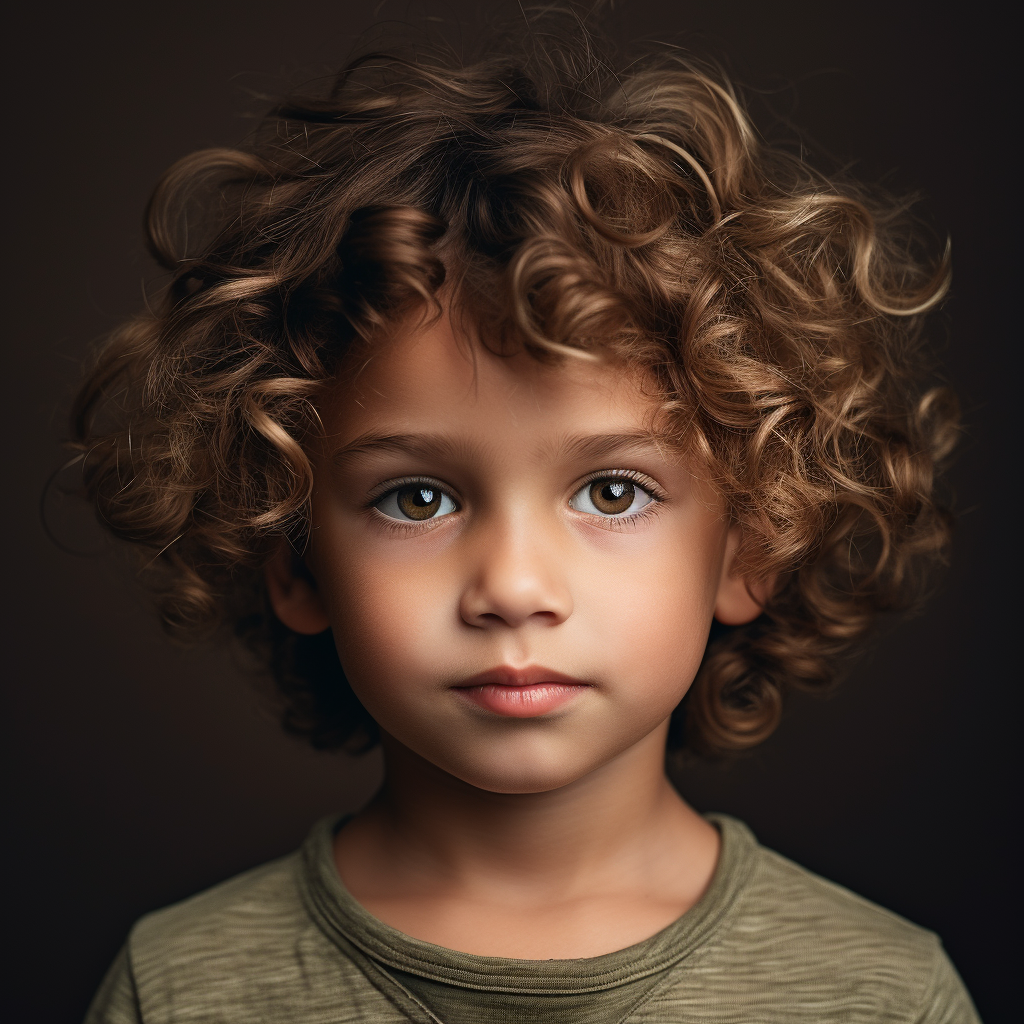 Smiling boy with brown curly hair