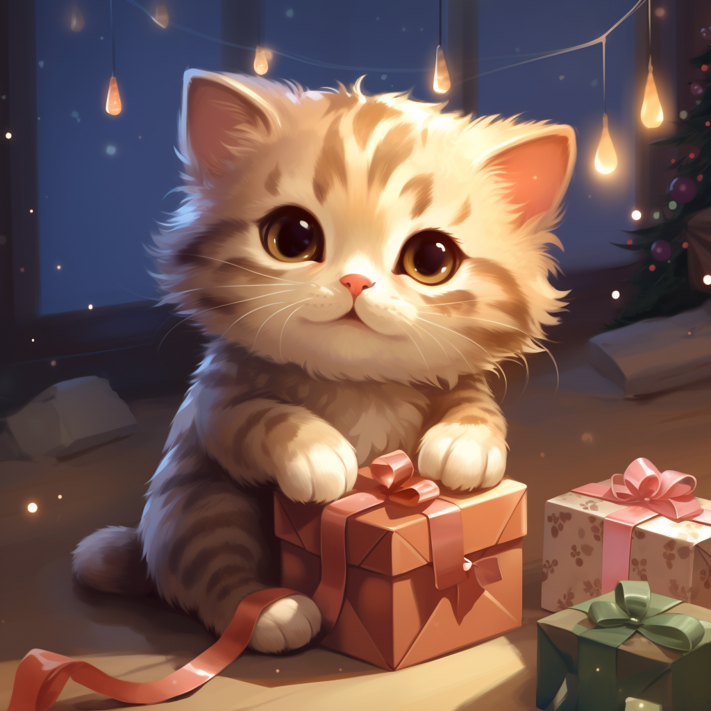 Adorable anime cat opening presents on Christmas day