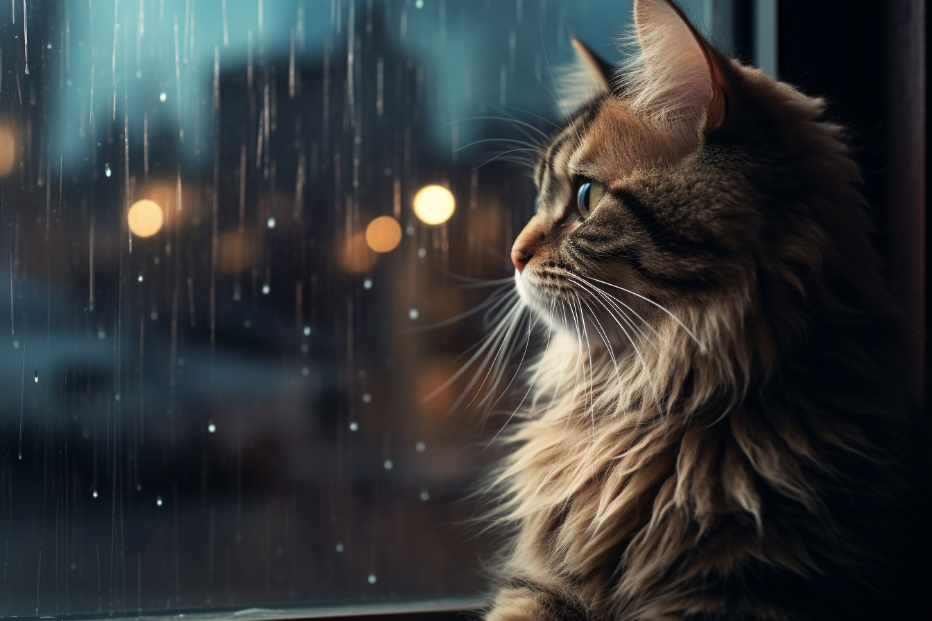 Cute cat on window sill with rain