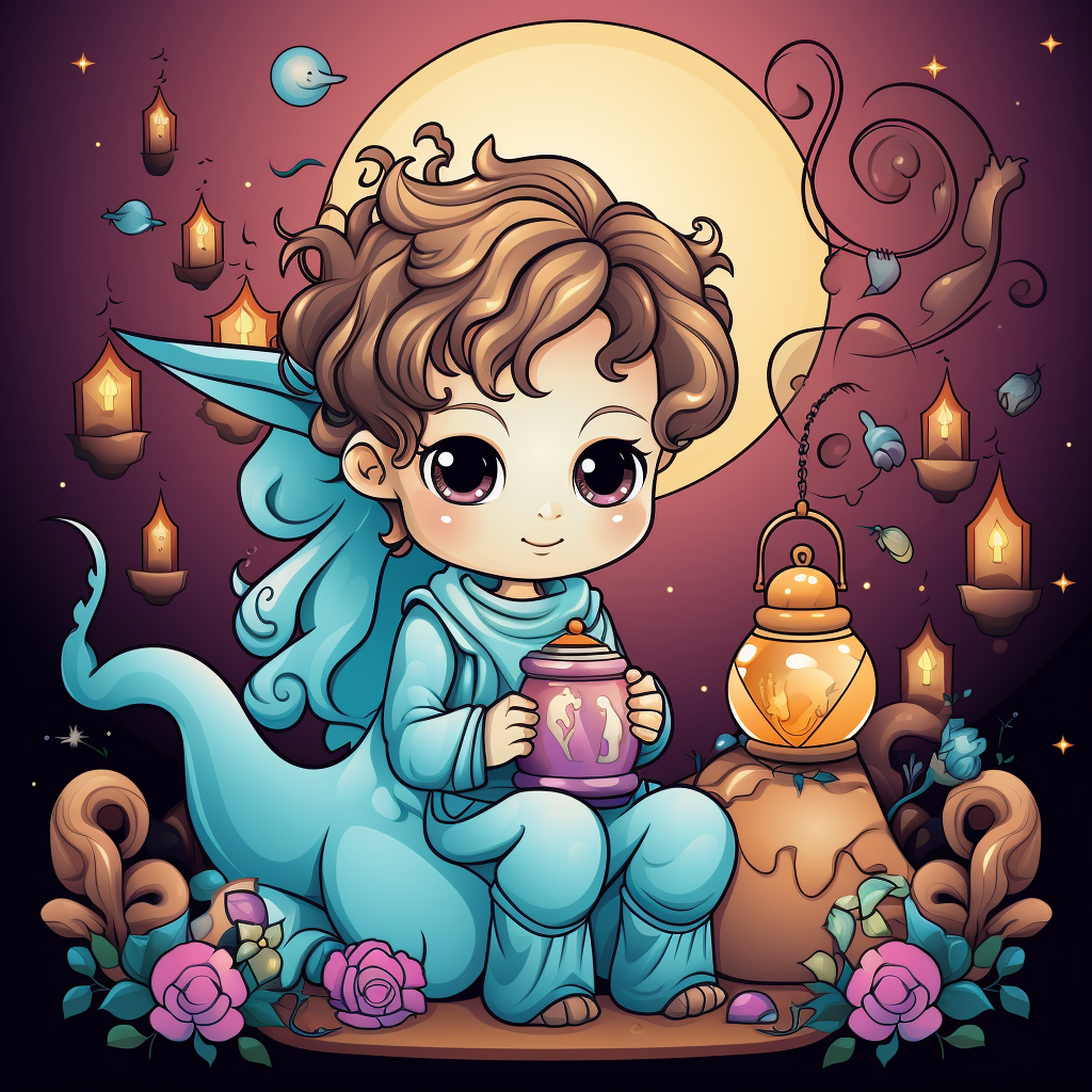 Coloring Book Page with Cute Dragon, Unicorn, and Genie Lamp