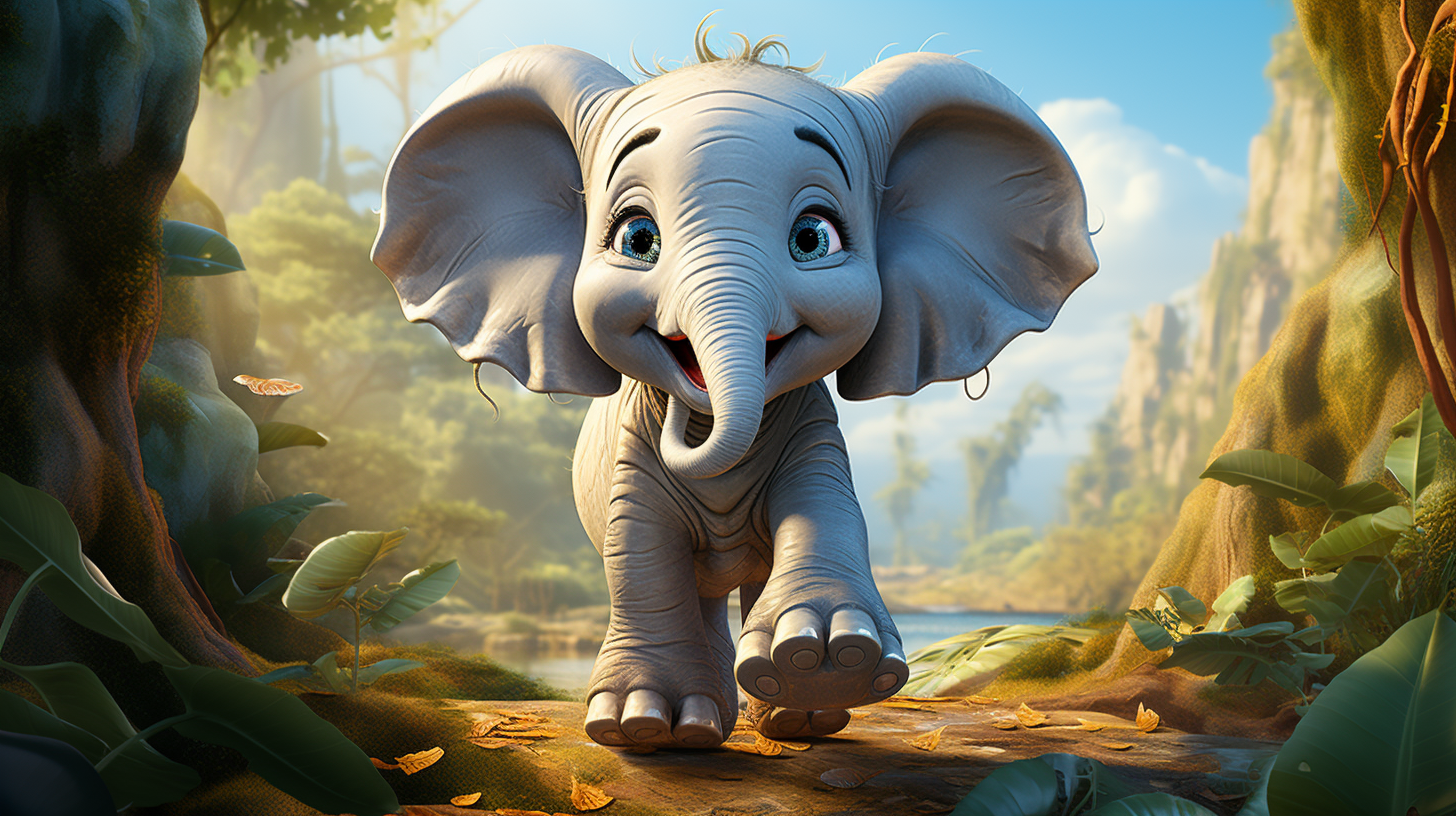 Cute elephant with big eyes smiling in the forest.