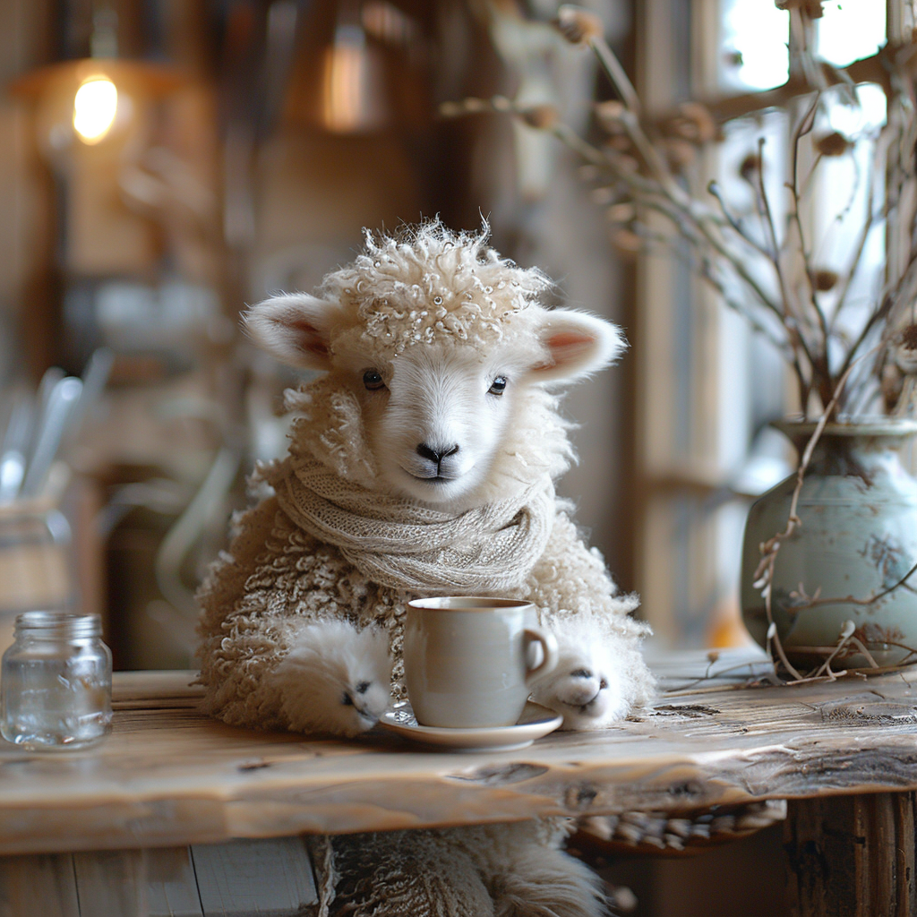 Cute Fluffy Baby Sheep Drinking Coffee