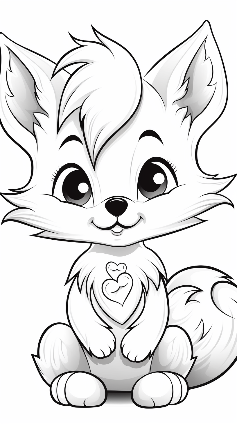 Cute fox with hearts on a coloring book page