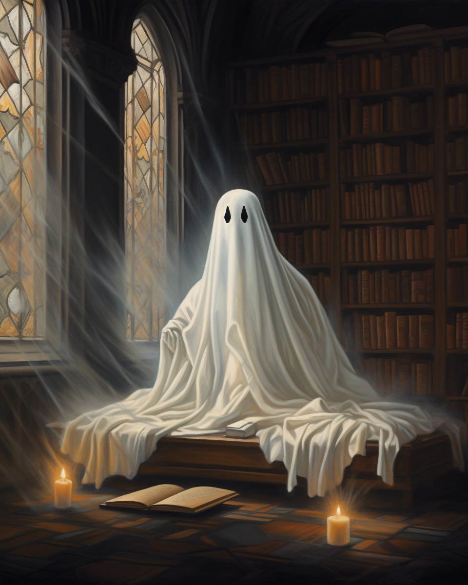 Cute ghost in old library