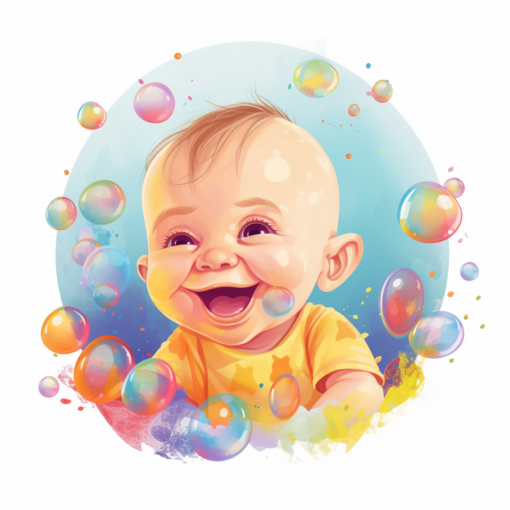 Joyful baby surrounded by colorful bubbles