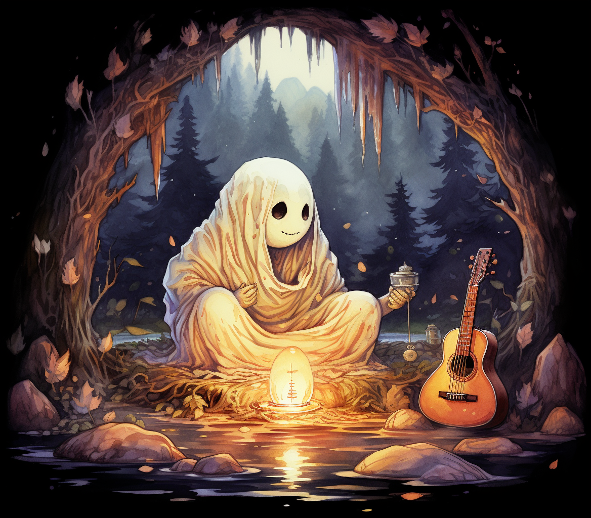 Cute sheet ghost sitting at campfire