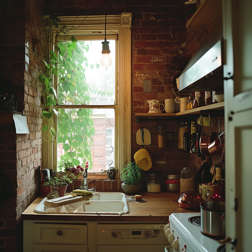 Cute small kitchen with brick walls and window