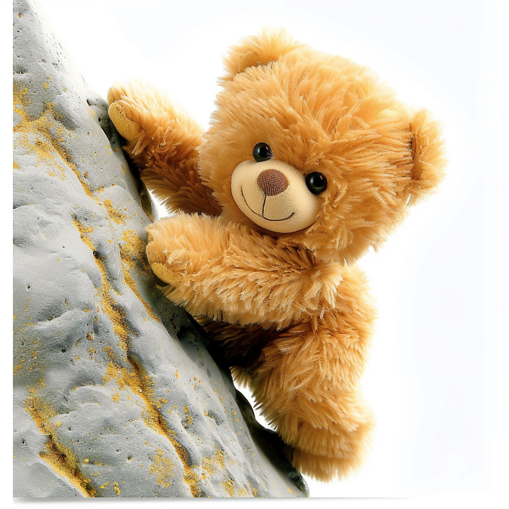 Smiling Teddy Bear Climbing Mountain