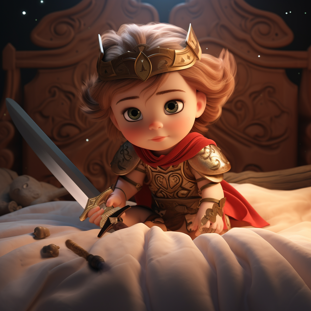 Cute warrior princess toddler on bed