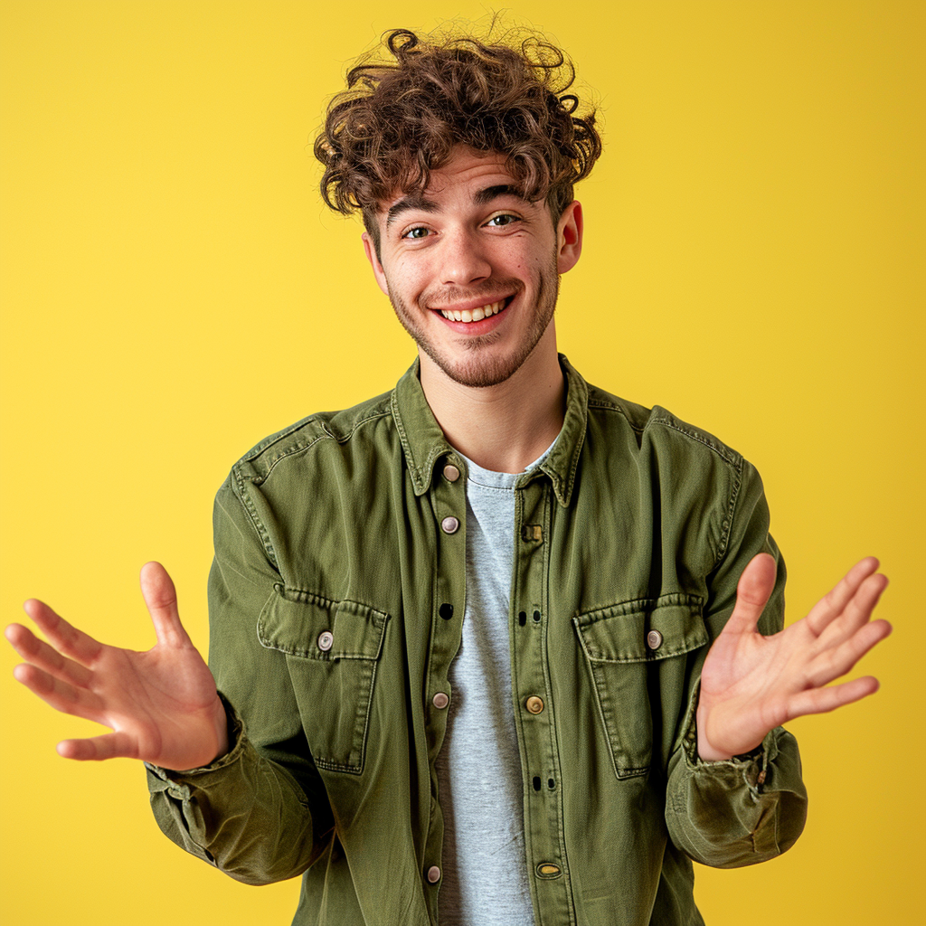 Young man smiling and shrugging shoulders