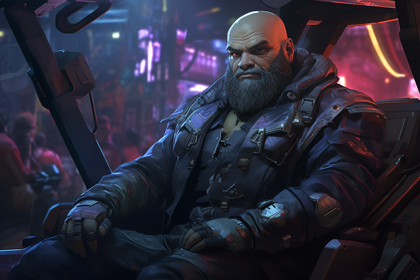 Shadowrun, the grumpy cyber dwarf sitting in futuristic car