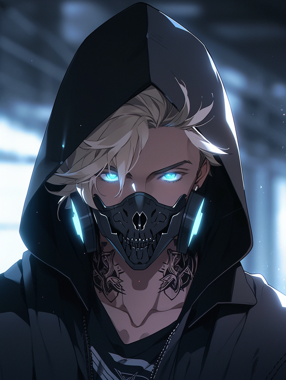 Anime boy with black hoodie and cyberpunk mask