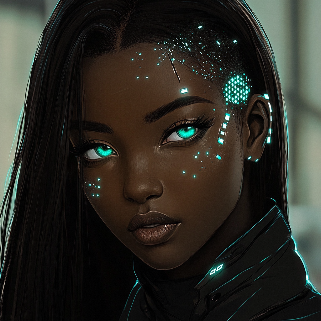 black girl with turquoise eyes cyberpunk