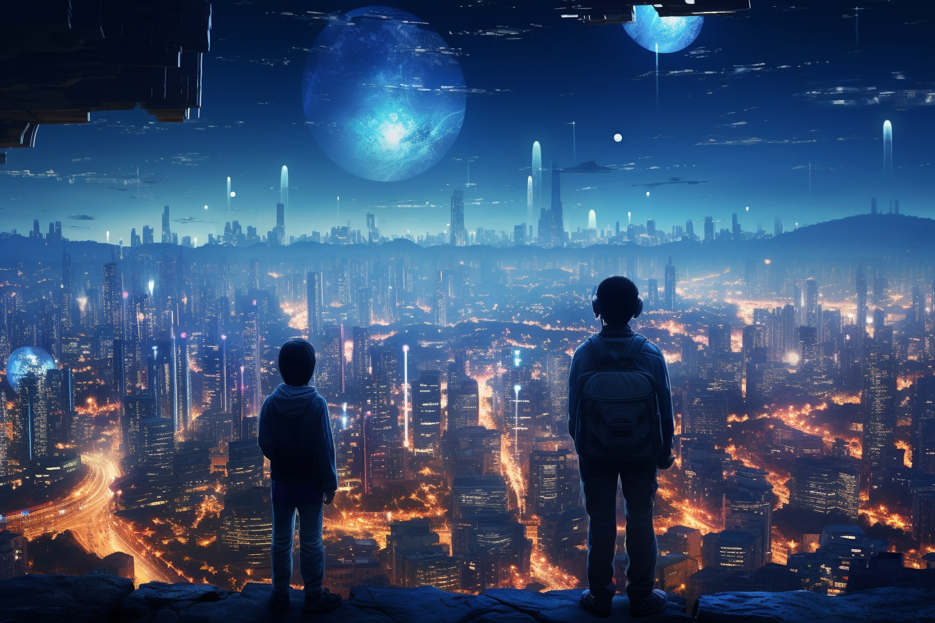 Boy and girl exploring cyberpunk city