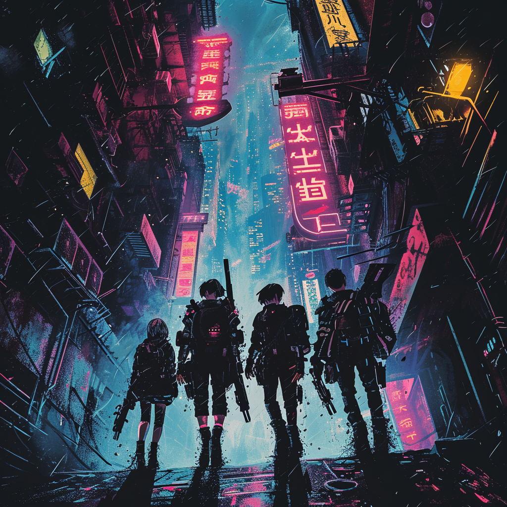 Cyberpunk crew in manga style emerging from shadows