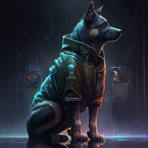 Cyberpunk dog reflecting on life