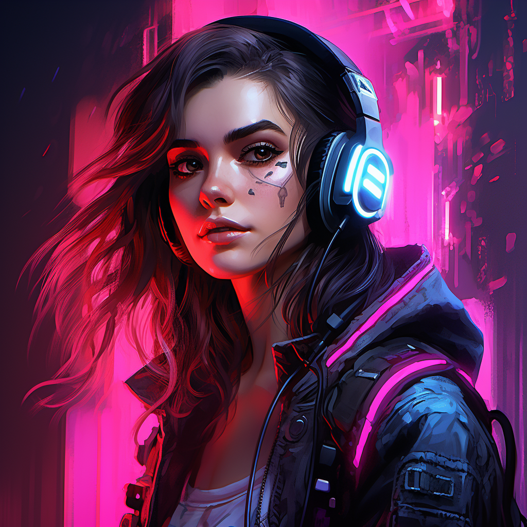 Realistic cyberpunk female gamer on neon background