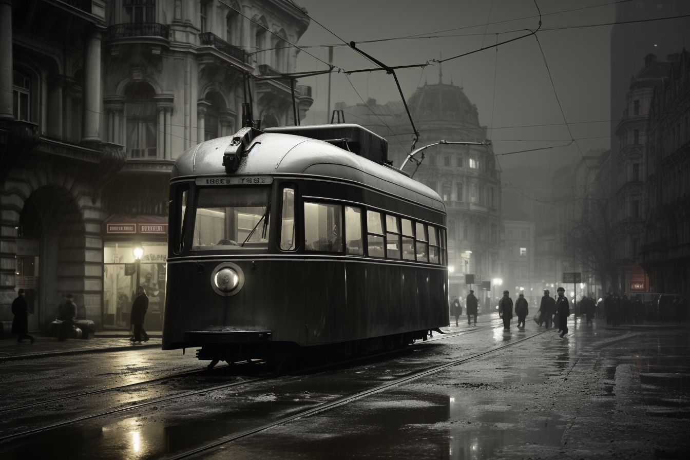 Vintage black and white photo of a cyberpunk tram on a square