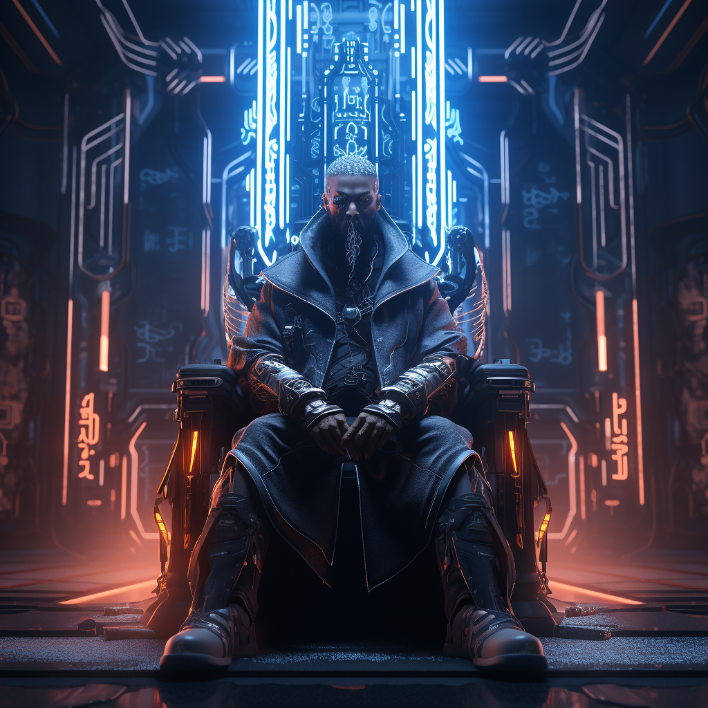 Cyberpunk bountyhunter on throne with neon lights