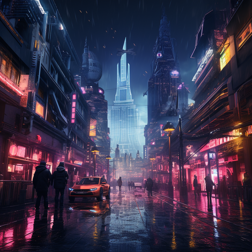 Nighttime cyberpunk cityscape