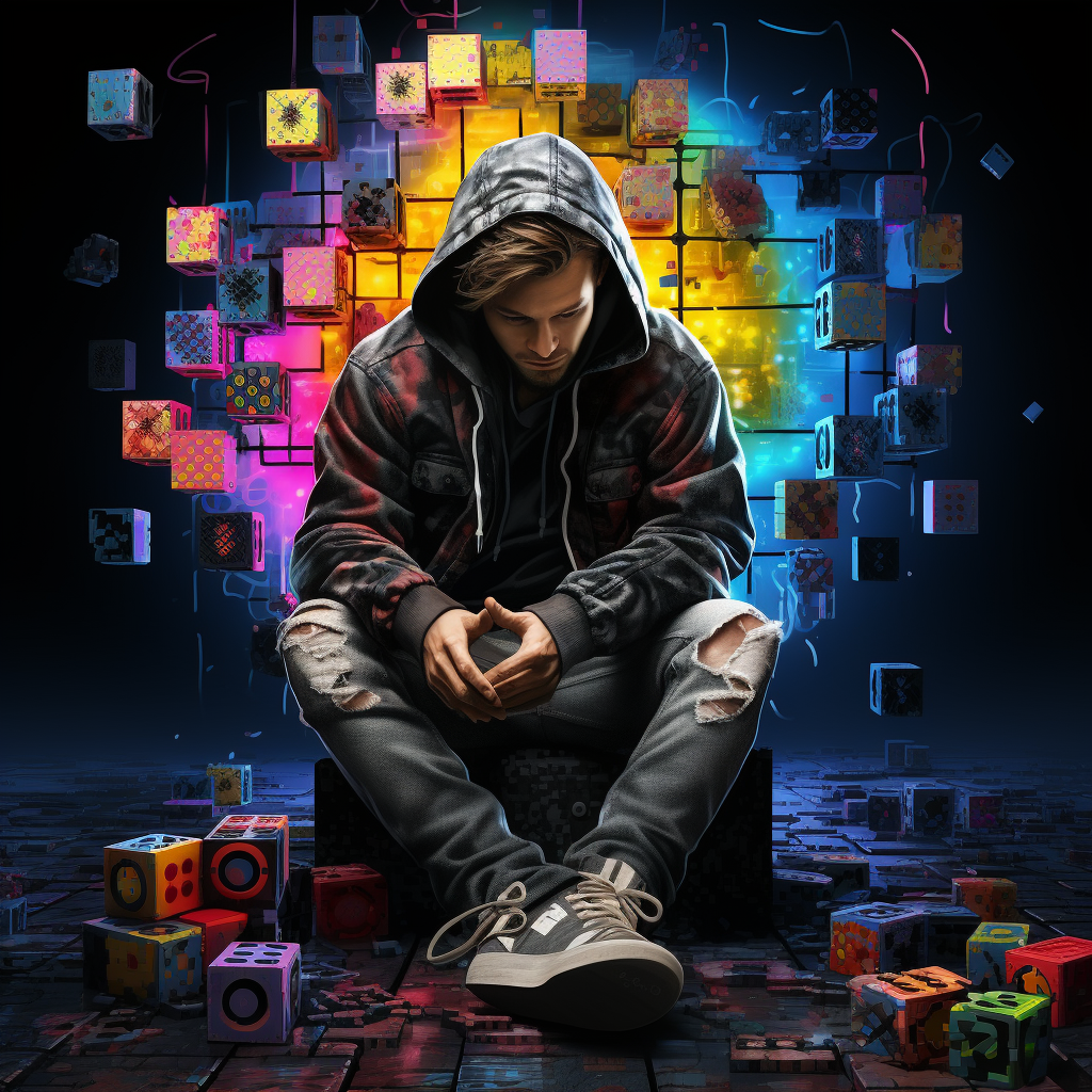 Cyberpunk man solving Rubiks cube