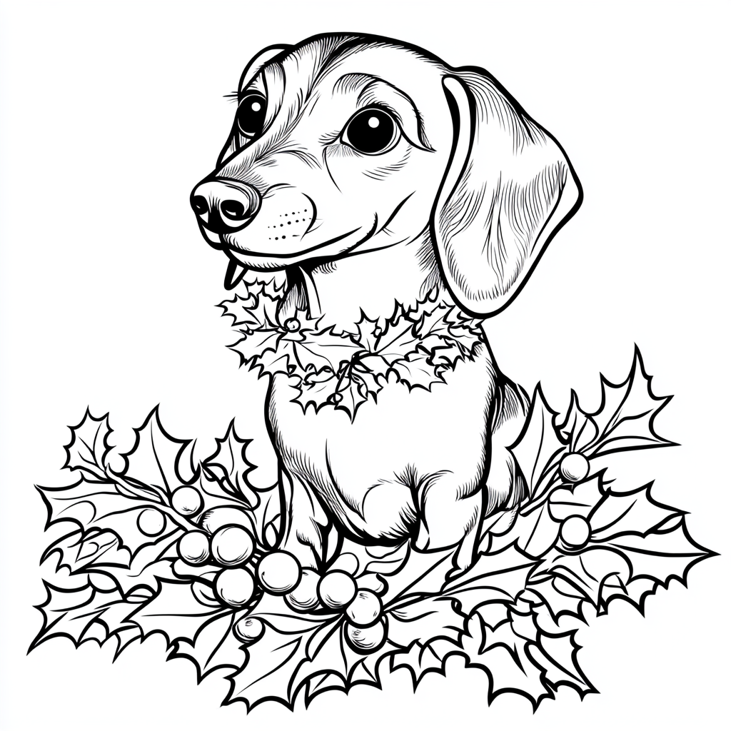 dachshund dog under mistletoe in coloring book style