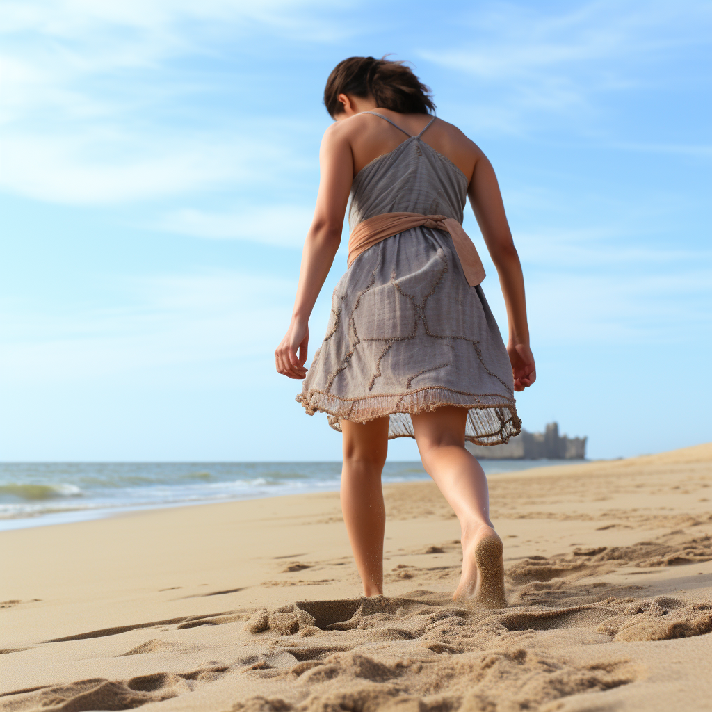 Daisy Ridley as Rey Skywalker picking up sand on the beach