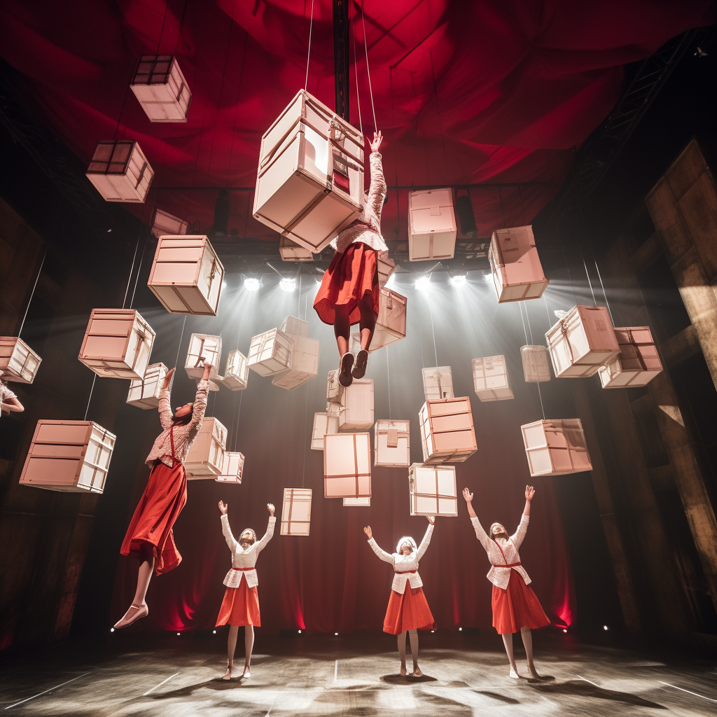 Dancers and aerialists performing with boxes