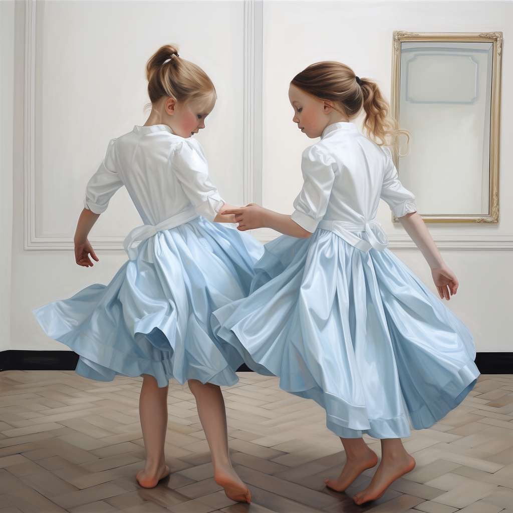 Two girls dancing with flowers on white background