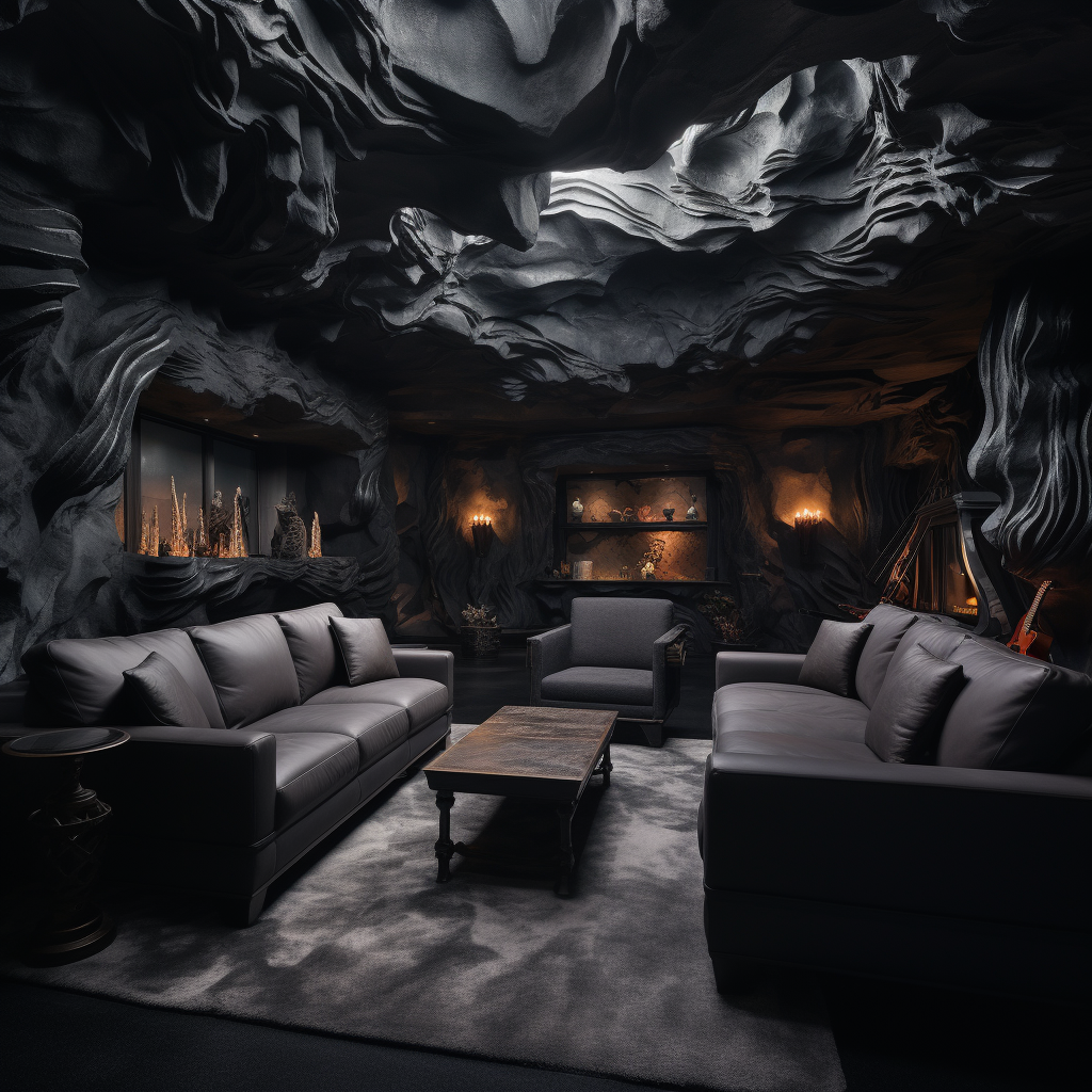 Dark gray room with murals